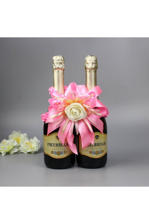 Украшение на шампанское "Рюша с цветами" (розовый)