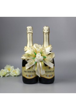 Украшение на шампанское "Рюша с цветами" (айвори)