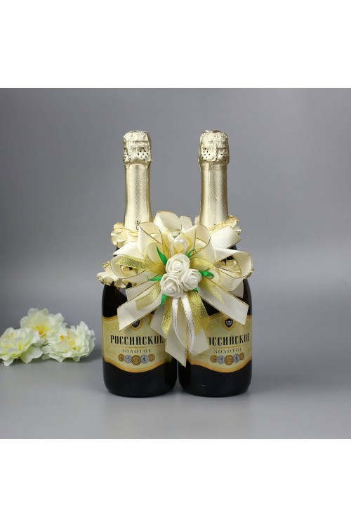 Украшение на шампанское "Рюша с цветами" (айвори)